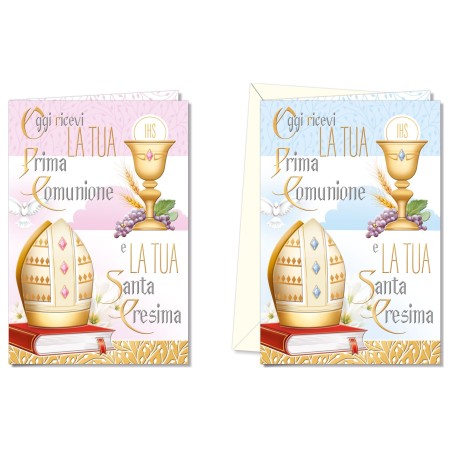 Cromo biglietti d'auguri Comunione e Cresima, calice e mitra, 12 pezzi in 2 soggetti – CC7146