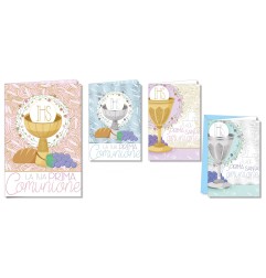 Cromo biglietti d'auguri Comunione 4 soggetti, calice con pane e uva, 12 pezzi – CO7152