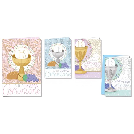 Cromo biglietti d'auguri Comunione 4 soggetti, calice con pane e uva, 12 pezzi – CO7152