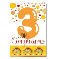Cromo biglietti d'auguri Compleanno 3 anni, pois e arcobaleni, 6 pezzi – NU8092