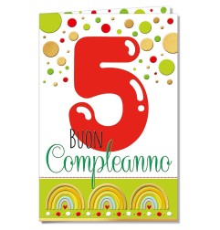Cromo biglietti d'auguri Compleanno 5 anni, pois e arcobaleni, 6 pezzi – NU8094