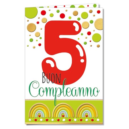 Cromo biglietti d'auguri Compleanno 5 anni, pois e arcobaleni, 6 pezzi – NU8094