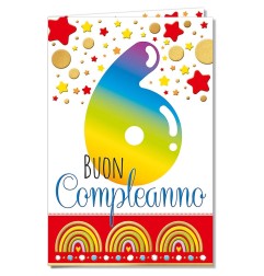 Cromo biglietti d'auguri Compleanno 6 anni, stelline e arcobaleni, 6 pezzi – NU8095