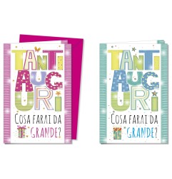 Cromo biglietti d'auguri Compleanno bambini, lettere colorate e pacchetto regalo, 12 pezzi in 2 soggetti – BC8136