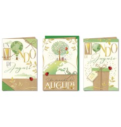 Cromo biglietti d'auguri Buon Compleanno Mondo green assortiti, 12 pezzi in 3 soggetti – BC8143