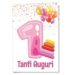 Cromo biglietti d'auguri Numero 1 anno bimbo, palloncini e anelli colorati, 6 pezzi – NU7279