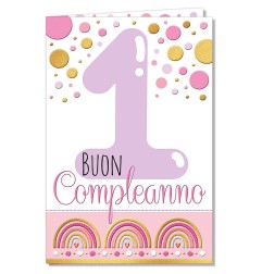 Cromo biglietti d'auguri Compleanno 1 anno rosa, pois e arcobaleni, 6 pezzi – NU8089