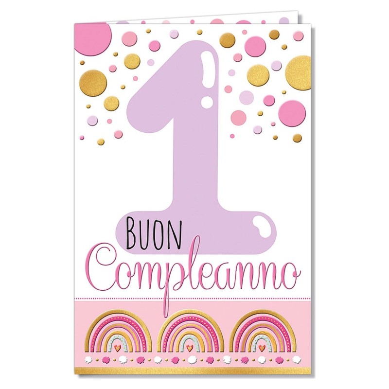 Cromo biglietti d'auguri Compleanno 1 anno rosa, pois e arcobaleni, 6 pezzi – NU8089 Cromo biglietti d'auguri Compleanno 1 anno rosa, pois e arcobaleni, 6 pezzi – NU8089
