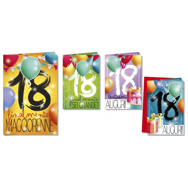 Cromo biglietti d'auguri 18 anni misto 4 soggetti, palloncini e regali, 12 pezzi – NU8222 Cromo biglietti d'auguri 18 anni misto 4 soggetti, palloncini e regali, 12 pezzi – NU8222