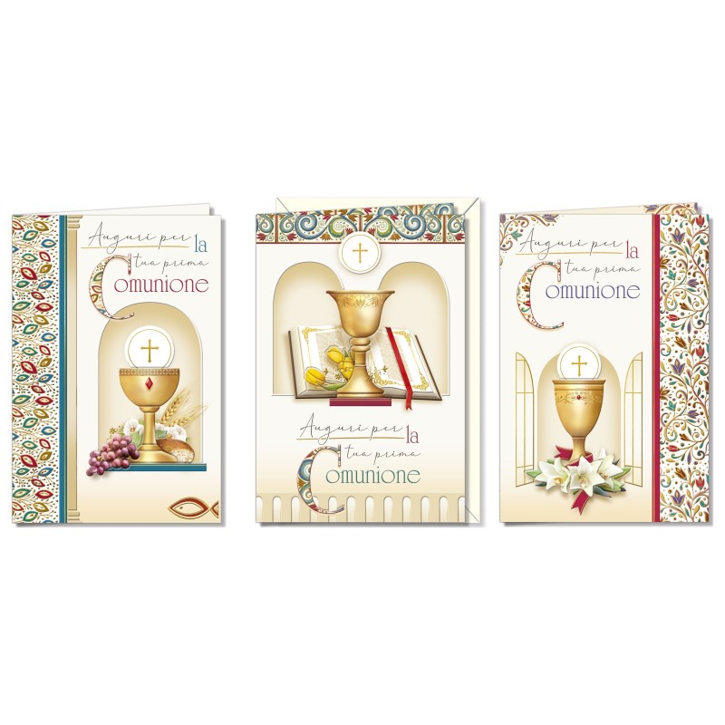 Cromo biglietti d'auguri Prima Comunione soggetti assortiti, calice con ostia, 12 pezzi in 3 soggetti – CO8179 Cromo biglietti d'auguri Prima Comunione soggetti assortiti, calice con ostia, 12 pezzi in 3 soggetti – CO8179