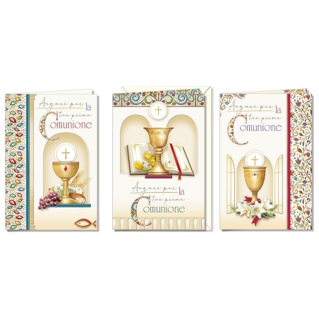 Cromo biglietti d'auguri Prima Comunione soggetti assortiti, calice con ostia, 12 pezzi in 3 soggetti – CO8179