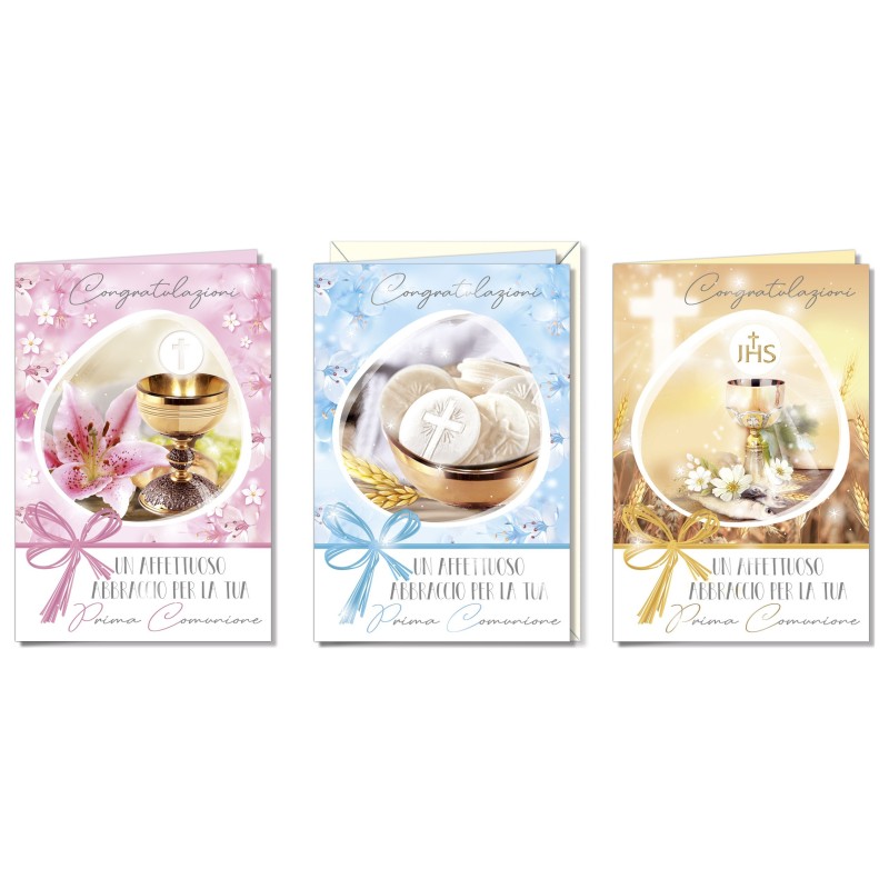 Cromo biglietti d'auguri Prima Comunione tre colori assortiti, 12 pezzi in 3 soggetti – CO8184 Cromo biglietti d'auguri Prima Comunione tre colori assortiti, 12 pezzi in 3 soggetti – CO8184