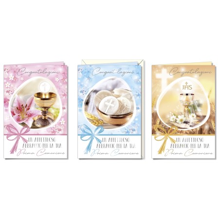 Cromo biglietti d'auguri Prima Comunione tre colori assortiti, 12 pezzi in 3 soggetti – CO8184