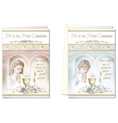 Cromo biglietti d'auguri Prima Comunione rosa e blu assortiti, 12 pezzi in 2 soggetti – CO8185