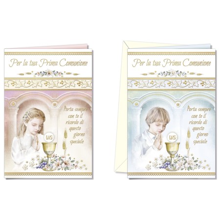 Cromo biglietti d'auguri Prima Comunione rosa e blu assortiti, 12 pezzi in 2 soggetti – CO8185