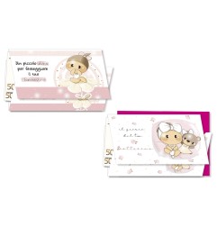 Cromo biglietti portasoldi Battesimo rosa Dolce Legno 2 soggetti, bimba con fiore e orsetto, 12 pezzi – BT8167