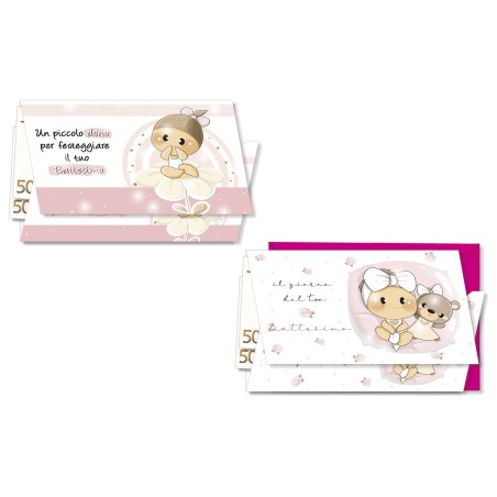 Cromo biglietti portasoldi Battesimo rosa Dolce Legno 2 soggetti, bimba con fiore e orsetto, 12 pezzi – BT8167