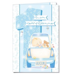 Cromo biglietti d'auguri Primo Compleanno maschio, bimbo in macchinina, 6 pezzi – NU8314