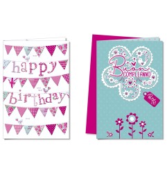 Cromo biglietti d'auguri Buon Compleanno bandiere e fiori lilla assortiti, 12 pezzi in 2 soggetti – BC8045
