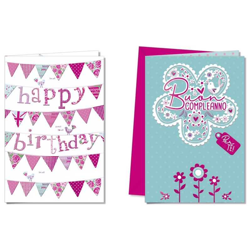 Cromo biglietti d'auguri Buon Compleanno bandiere e fiori lilla assortiti, 12 pezzi in 2 soggetti – BC8045 Cromo biglietti d'auguri Buon Compleanno bandiere e fiori lilla assortiti, 12 pezzi in 2 soggetti – BC8045