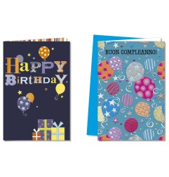 Cromo biglietti d'auguri Buon Compleanno uomo blu nero assortiti, palloncini e regali, 12 pezzi in 2 soggetti – BC8046