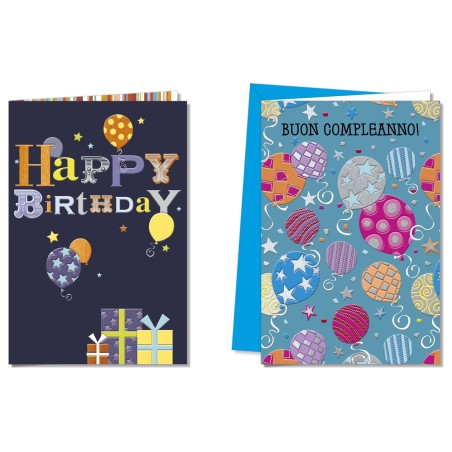 Cromo biglietti d'auguri Buon Compleanno uomo blu nero assortiti, palloncini e regali, 12 pezzi in 2 soggetti – BC8046
