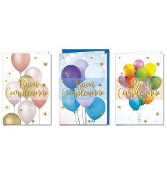 Cromo biglietti d'auguri Buon Compleanno fantasie assortite, palloncini e stelline oro, 12 pezzi in 3 soggetti – BC8110