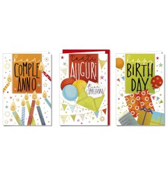 Cromo biglietti d'auguri Buon Compleanno tre colori assortiti, candeline, palloncini e regali, 12 pezzi in 3 soggetti – BC8146