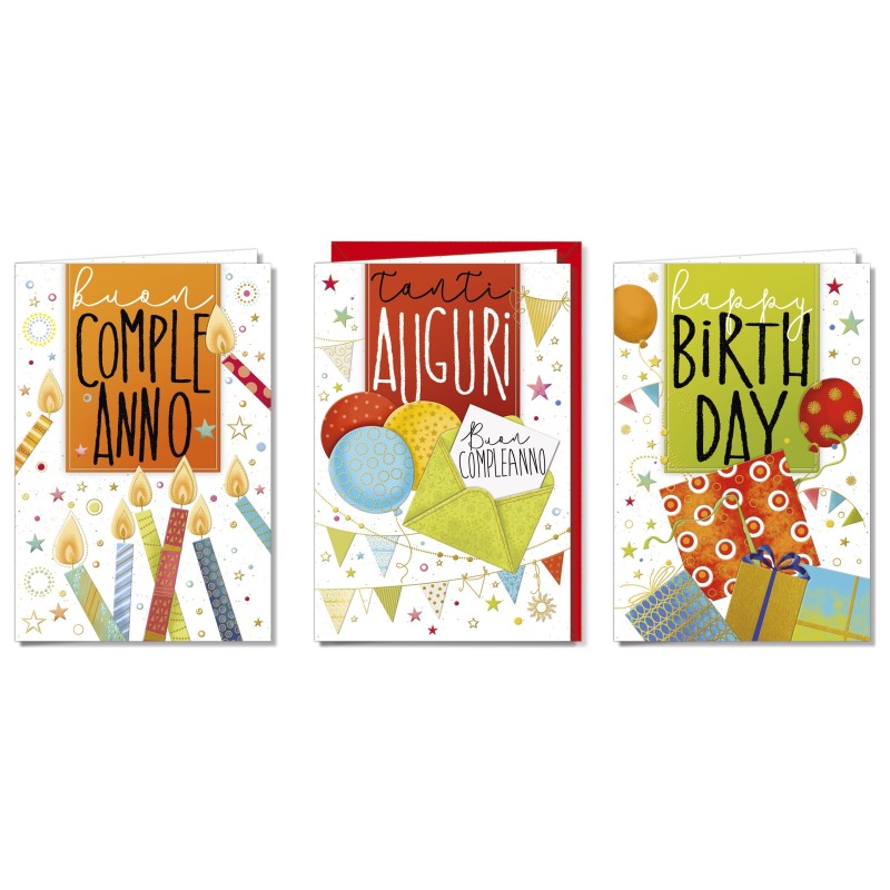 Cromo biglietti d'auguri Buon Compleanno tre colori assortiti, candeline, palloncini e regali, 12 pezzi in 3 soggetti – BC8146 Cromo biglietti d'auguri Buon Compleanno tre colori assortiti, candeline, palloncini e regali, 12 pezzi in 3 soggetti – BC8146