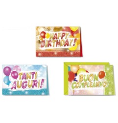 Cromo biglietti d'auguri Buon Compleanno glitter 3 fantasie, scritte a palloncino, 12 pezzi in 3 soggetti – BC8331