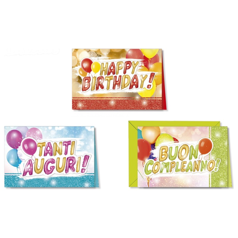 Cromo biglietti d'auguri Buon Compleanno glitter 3 fantasie, scritte a palloncino, 12 pezzi in 3 soggetti – BC8331 Cromo biglietti d'auguri Buon Compleanno glitter 3 fantasie, scritte a palloncino, 12 pezzi in 3 soggetti – BC8331