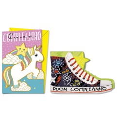 Cromo biglietti d'auguri Buon Compleanno bambini sagomati, unicorno e scarpa da ginnastica, 12 pezzi in 2 soggetti – BC9045