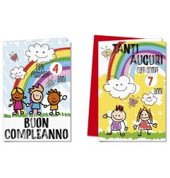 Cromo biglietti d'auguri Compleanno bambini rotella, arcobaleno e disegni di bambini, 12 pezzi in 2 soggetti – BC9049