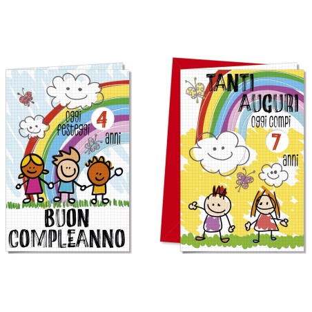 Cromo biglietti d'auguri Compleanno bambini rotella, arcobaleno e disegni di bambini, 12 pezzi in 2 soggetti – BC9049