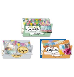 Cromo biglietti portasoldi bambini, bandierine, torta e regali, 12 pezzi in 3 soggetti – BC9051