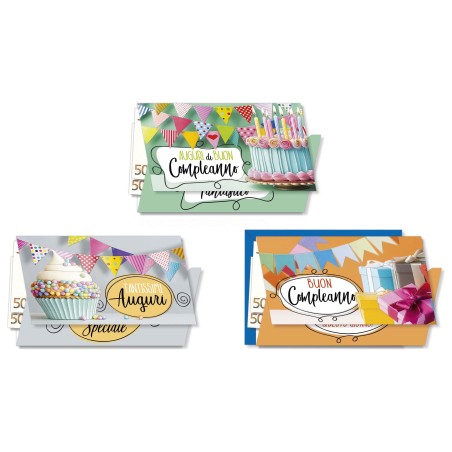 Cromo biglietti portasoldi bambini, bandierine, torta e regali, 12 pezzi in 3 soggetti – BC9051