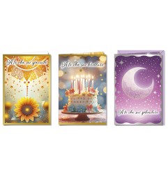 Cromo biglietti d'auguri tre fantasie donna, girasole, torta e luna, 12 pezzi in 3 soggetti – BC9061
