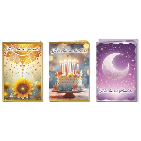 Cromo biglietti d'auguri tre fantasie donna, girasole, torta e luna, 12 pezzi in 3 soggetti – BC9061