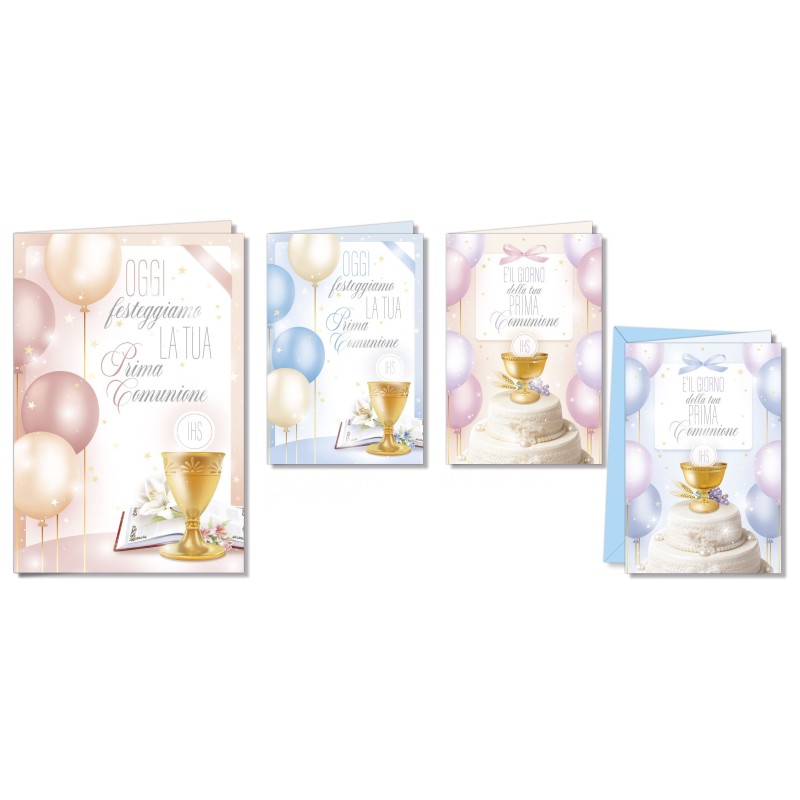 Cromo biglietti d'auguri Prima Comunione Baloon blu rosa assortiti, 12 pezzi in 4 soggetti – CO8182 Cromo biglietti d'auguri Prima Comunione Baloon blu rosa assortiti, 12 pezzi in 4 soggetti – CO8182