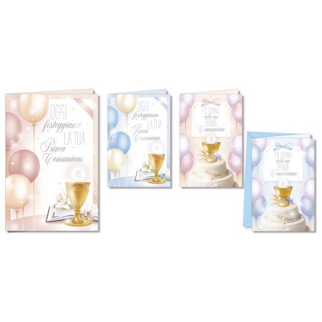 Cromo biglietti d'auguri Prima Comunione Baloon blu rosa assortiti, 12 pezzi in 4 soggetti – CO8182