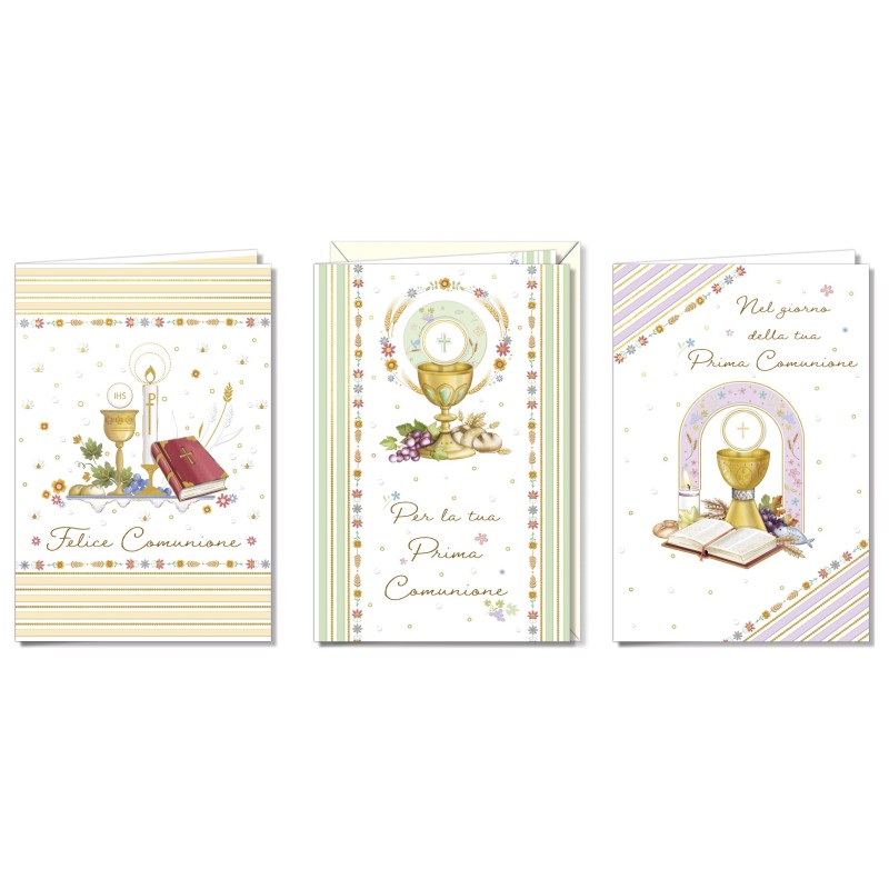 Cromo biglietti d'auguri Prima Comunione tre fantasie assortite, 12 pezzi in 3 soggetti – CO8183 Cromo biglietti d'auguri Prima Comunione tre fantasie assortite, 12 pezzi in 3 soggetti – CO8183