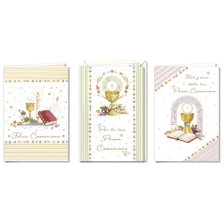 Cromo biglietti d'auguri Prima Comunione tre fantasie assortite, 12 pezzi in 3 soggetti – CO8183