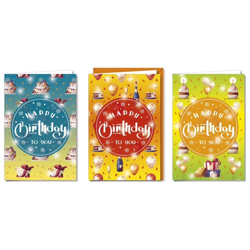 Cromo biglietti d'auguri Happy Birthday tre colori, torte, palloncini e regali, 12 pezzi in 3 soggetti – BC9082 Cromo biglietti d'auguri Happy Birthday tre colori, torte, palloncini e regali, 12 pezzi in 3 soggetti – BC9082