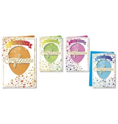 Cromo biglietti d'auguri Buon Compleanno palloncini colori assortiti, 12 pezzi in 4 soggetti – BC9073