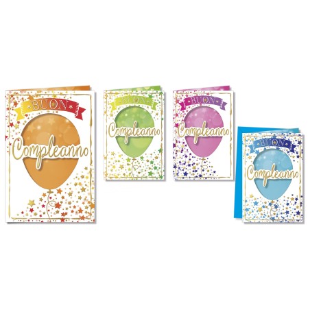 Cromo biglietti d'auguri Buon Compleanno palloncini colori assortiti, 12 pezzi in 4 soggetti – BC9073