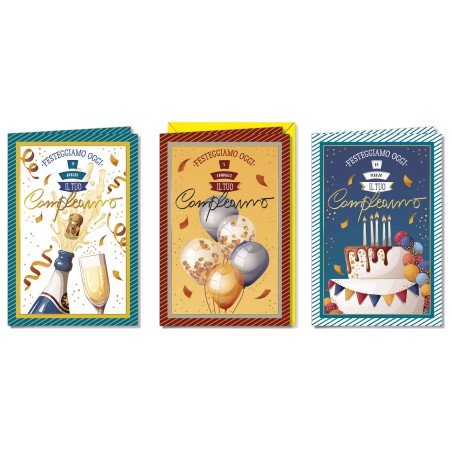 Cromo biglietti d'auguri maschili rotella, spumante, palloncini e torta, 12 pezzi in 3 soggetti – BC9084