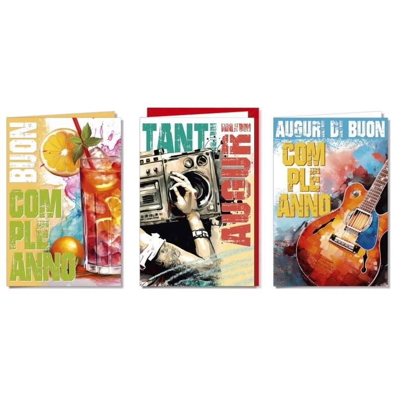 Cromo biglietti d'auguri Compleanno Teen, cocktail, stereo e chitarra, 12 pezzi in 3 soggetti – BC9091 Cromo biglietti d'auguri Compleanno Teen, cocktail, stereo e chitarra, 12 pezzi in 3 soggetti – BC9091