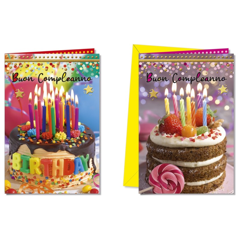 Cromo biglietti d'auguri Buon Compleanno cake due fantasie, 12 pezzi in 2 soggetti – BC9078