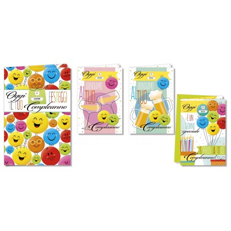 Cromo biglietti d'auguri Buon Compleanno smile, 12 pezzi in 4 soggetti – BC9079