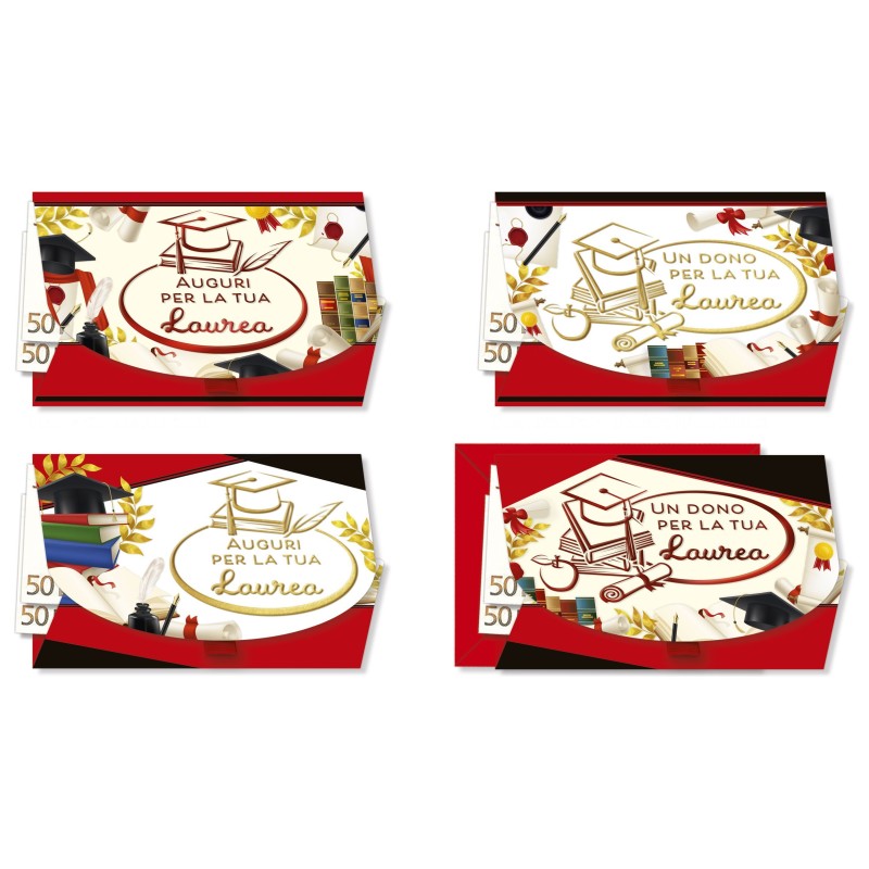 Cromo biglietti portasoldi Laurea glitter rosso, 12 pezzi in 4 soggetti – LA8924 Cromo biglietti portasoldi Laurea glitter rosso, 12 pezzi in 4 soggetti – LA8924
